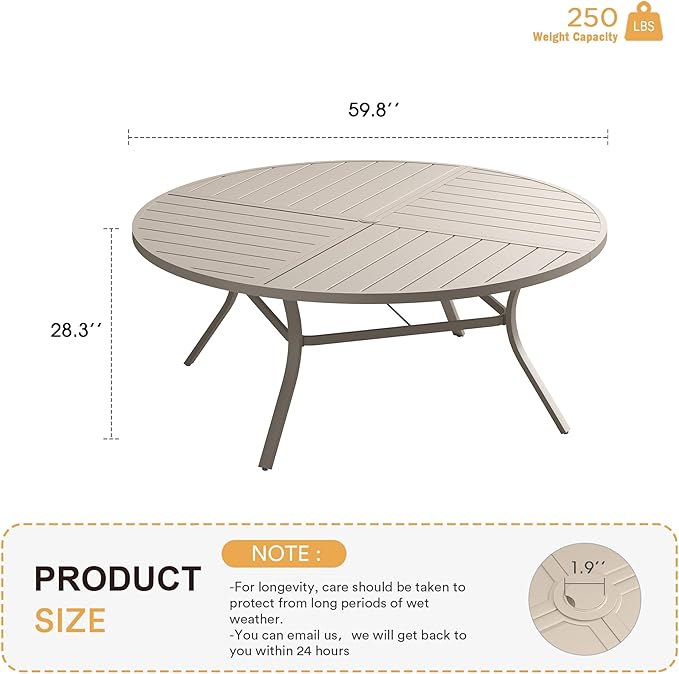 VICLLAX Round Patio Table with Adjustable Umbrella Hole for 8, All Weather Metal Outdoor Dining Table for Lawn Garden, 59.8" Outdoor Coffee Table, Cream Color Frame