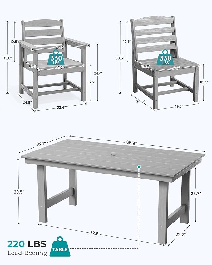 SERWALL Patio Dining Sets for 6 Person, HDPE Dining Set with 6 Armless Chairs, Light Gray