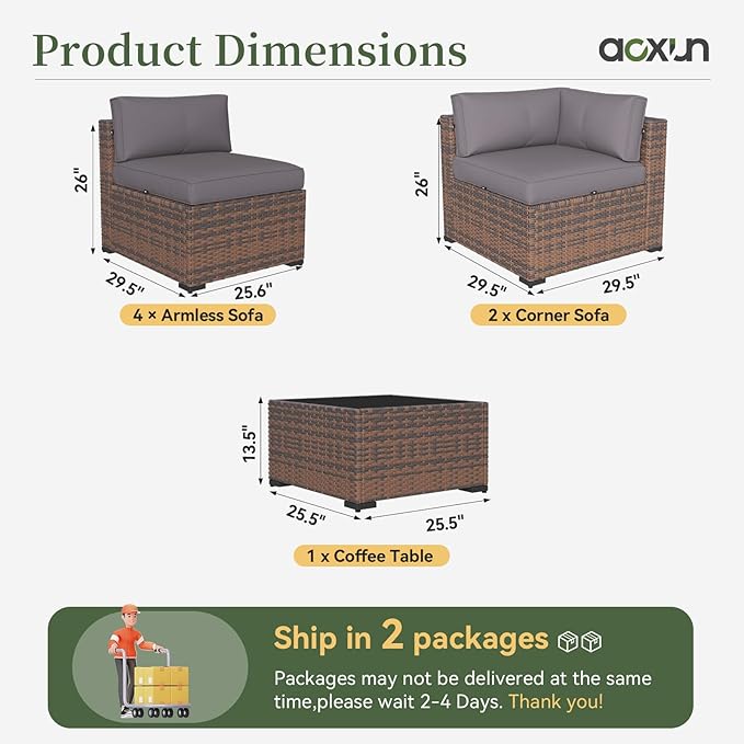 Aoxun 7 Piece Patio Furniture Set Wicker Rattan Patio Conversation Set Outdoor Sectional Sofa Set with Coffee Table and Thickened Cushions, Grey(Waterproof Cover Included)