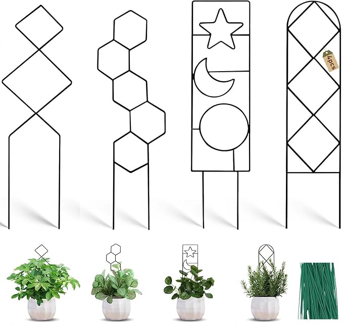 Coomin Small Plant Trellis for Potted Plants, 15in Plant Trellis Indoor, Mini Trellis for Climbing Plants for Hoya Pothos with Ties, Black