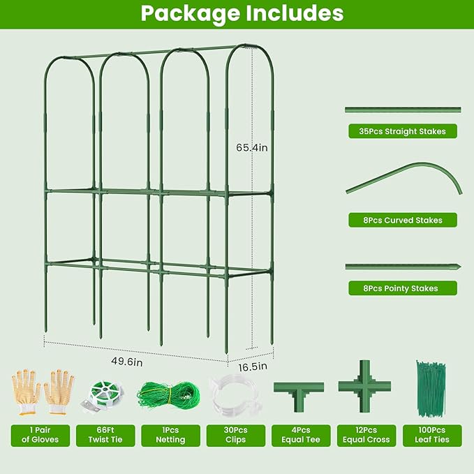 2 Pack 65in Tall Cucumber Trellis for Raised Bed, 50" L x 65" H Metal Garden Trellis for Climbing Plants Outdoor, U-Shape Vegetables Trellis Support for Squash Zucchini