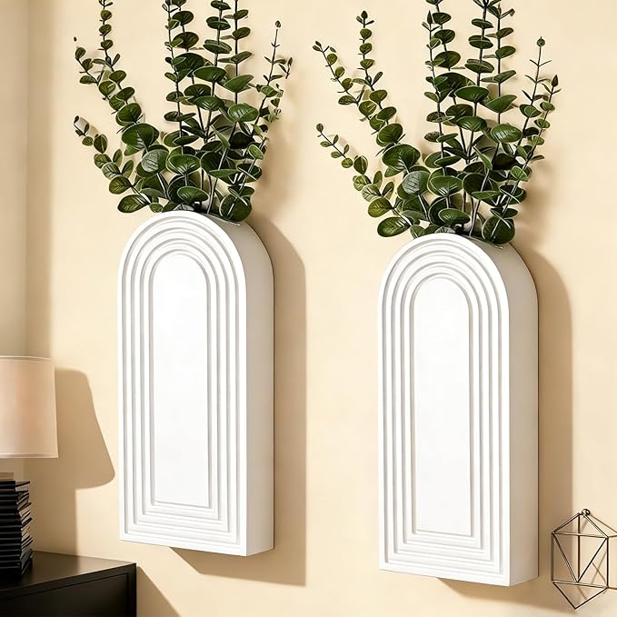 2 Pack Wooden Wall Vase Set, Boho Hanging Planter for Indoor Plants & Flowers, Wood Wall-Mounted Planters for Living Room, Modern Farmhouse Entryway or Bathroom, Rustic Art for Home (White)
