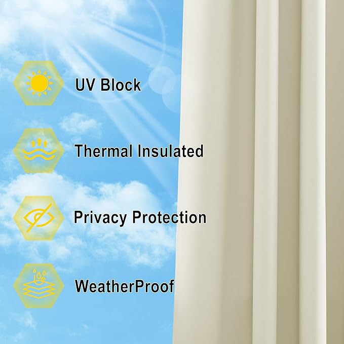 NICETOWN Outdoor Patio Curtain 84 inch Long, 66" Wide Waterproof & Weatherproof Curtain for Porch Gazebo Pergola Shower Pool Outside Deck, Privacy Protection Drape for Summer & Winter, 1 Panel, Beige