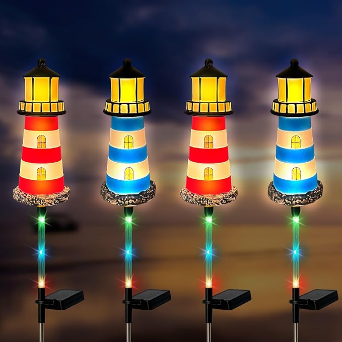4 Pack Lighthouse Solar Lights,7 Light Color Changes,IP65 Waterproof Solar Pathway Lights for Garden,Lawn,Outdoor Lighthouse Decor