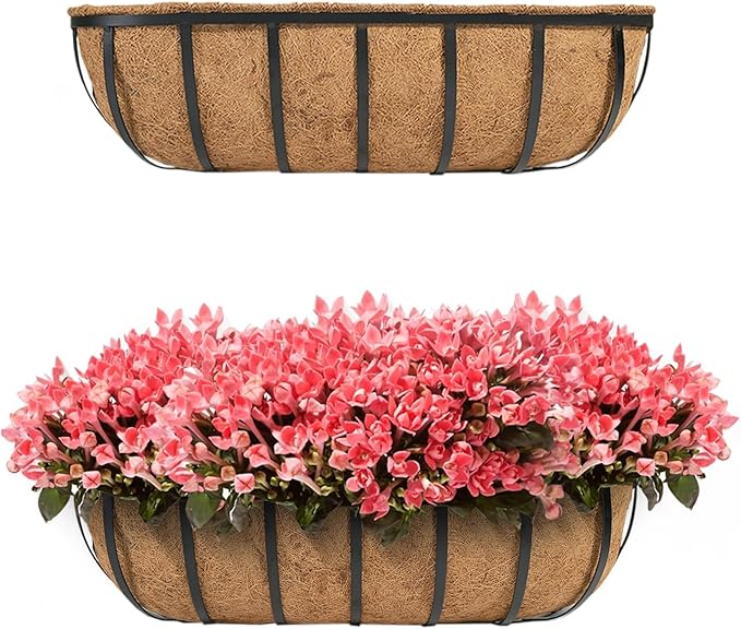 hehimhis 2 Pack 24 Inch Window Planter Box with Adjustable Bracket and Coco Liner for Porch, Balcony Planters Railing Hanging,Fence, Patio Hanging Planters for Garden Outdoor