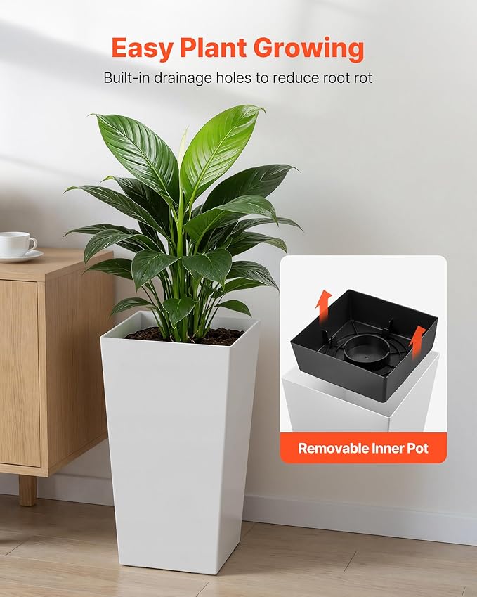 VEVOR Set of 2 Tall Planters for Outdoor Plants 22 inch, White Tall Planter for Indoor Plants, Modern Planters for Front Porch Patio Balcony, Plant Container Flower Pots with Built-in Drainage