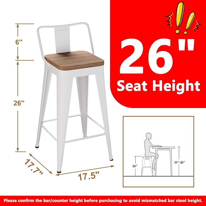 WENTMENT Metal Bar Stools Set of 2 Counter Height Barstools with Removable Back 26" Kitchen Bar Stools with Wooden Seat,Off White