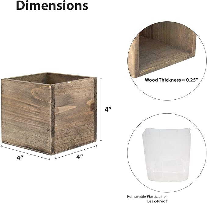 CYS EXCEL Cube Planter Box with Removable Plastic Liner (4"x4"x4")(4 PCS) | Multiple Size Choices Wood Square Planter | Indoor Decorative Window Box
