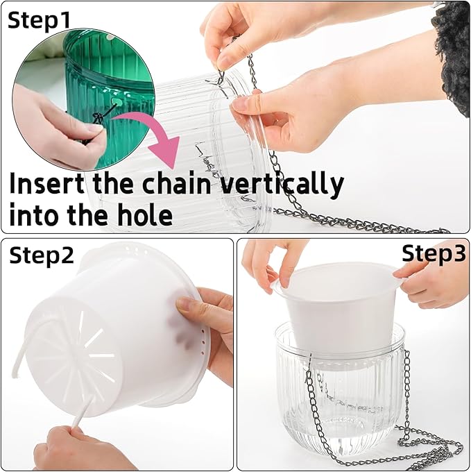 3 Pack Self Watering Hanging Planters, 6.5 Inch Hanging Flower Pot with Drainage Hole, Plastic Hanging Basket with 3 Hooks Chains, Plant Hanger for Indoor Outdoor Plants, Herbs (3 Colors)