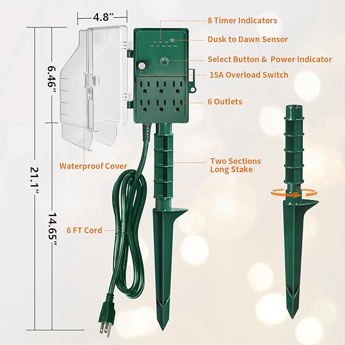 SURAIELEC Outdoor Power Stake, Dusk to Dawn Light Timer, 6 Electrical Outlet Power Strip Waterproof, 6FT Extension Cord for Patio Lights, Sprinkler, Garden, Christmas Decorations, Outdoor Light