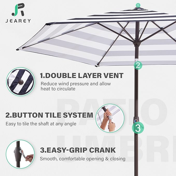 JEAREY 7.5FT Patio Umbrella Outdoor Market Umbrella with 6 Sturdy Ribs, Push Button Tilt/Crank Table Umbrella for Garden, Deck, Backyard and Pool, Black & White Stripe