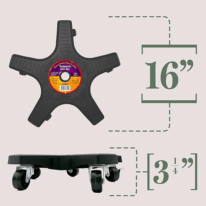 Bosmere 16" Plant Caddie - Heavy-Duty Rolling Plant Stand with Locking Wheels, 500 lb Capacity – Durable Plant Caddy for Indoor/Outdoor Use, Black