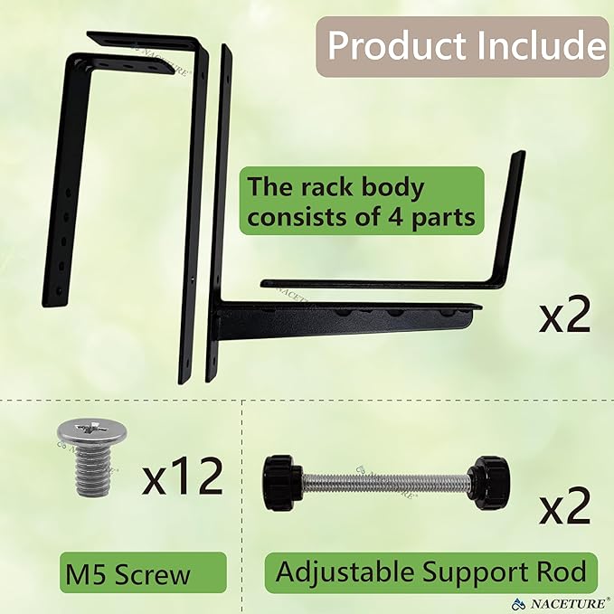 Window Box Brackets for Railing- 2 Pcs Adjustable Planter - Sturdy, Stable Flower Box Brackets for Railings, Balconies and Fences- Upright Railing Plant Holder (Black 2 Pack)