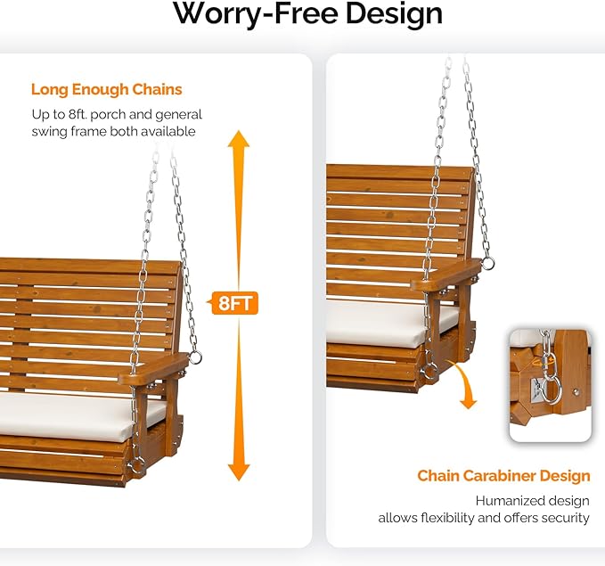 VINGLI Outdoor 4 FT Porch Swing, Heavy Duty 880 LBS Wooden Patio Swings with Cushions, Farmhouse Style Hanging Bench with Adjustable Chains for Yard | Garden | Lawn | Balcony, Brown