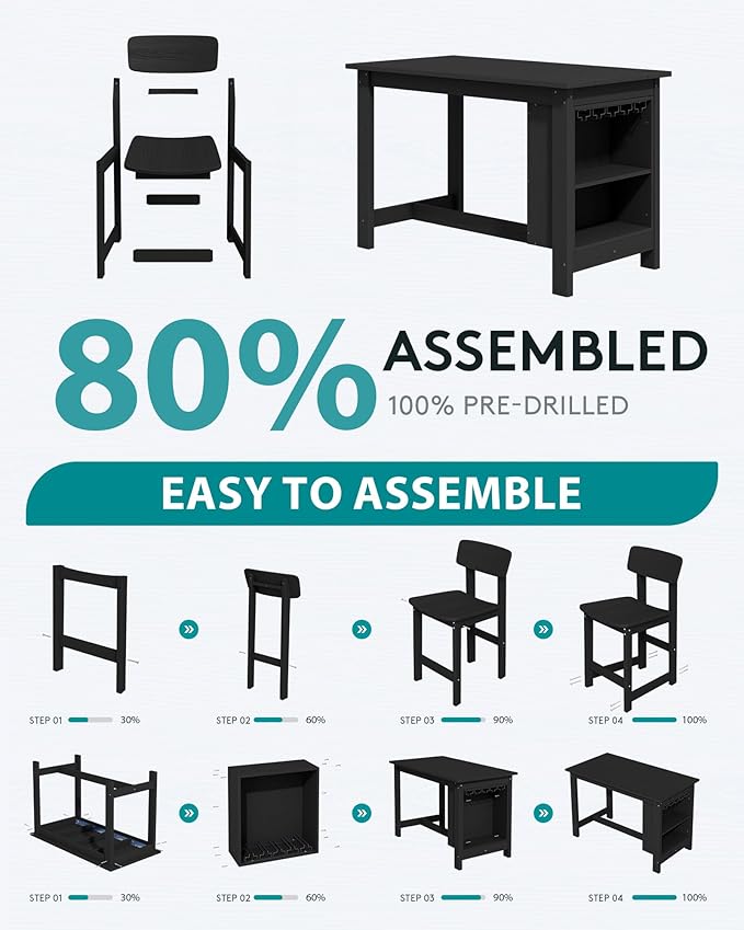 SERWALL Outdoor Bar Table and Chairs Set, 5-Piece HDPE Counter Height Patio Dining Sets with Storage and Wine Rack, Rectangular High Top Bar Table with 4 Bar Stools for Garden, Backyard, Black