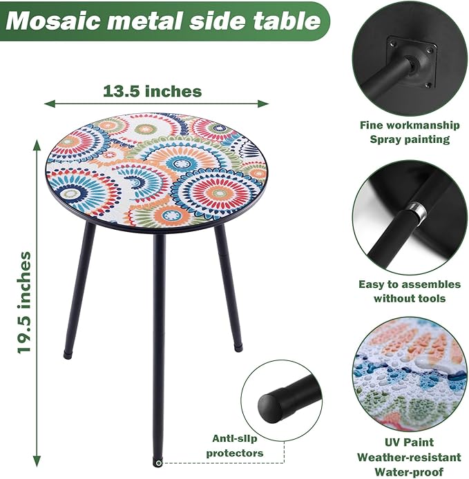 Party Zealot Metal Mosaic Round Side Table Set of Two 13.4" Small Outdoor Patio Round Accent Coffee Tables Indoor Corner Stand for Small Space Weather-Resistant for Balcony Plant Stand
