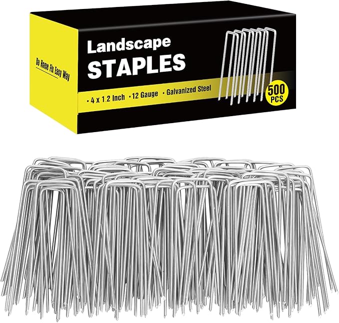 HongWay 500 Pack 4 Inch Landscape Staples, Garden Staples 12 Gauge Galvanized Ground Stakes Lawn Yard Staples SOD U-Shaped Pins for Gardening Irrigation Tubing Landscaping Fabric