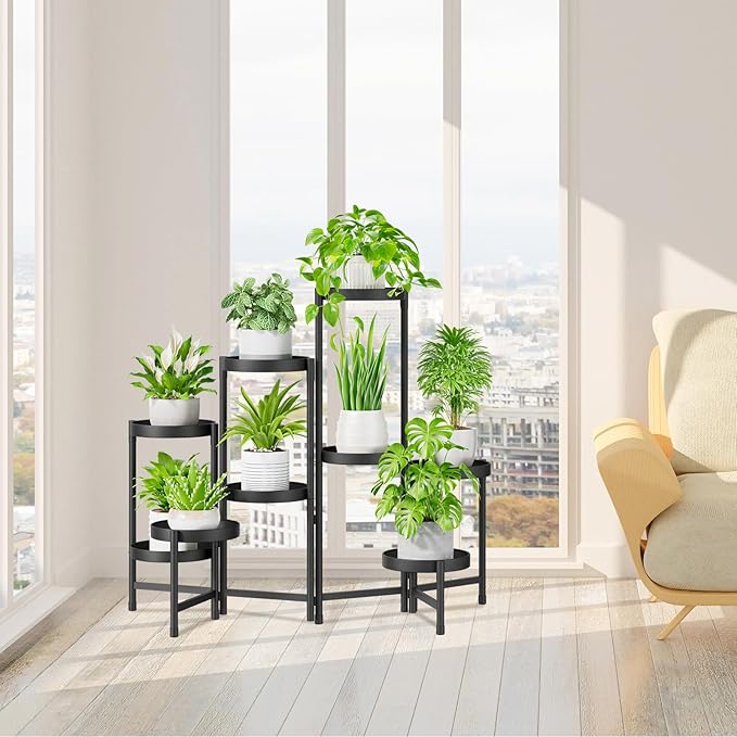iDavosic.ly Plant Stand Indoor Outdoor, 9 Tier Corner Metal Flower Display Holder Shelf, Easy Assembly Folding Tall Orchid Rack for Patio Balcony Porch Garden Living Room House, Black
