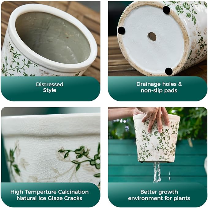 Ceramic Planter with Drainage Hole, Plastic Tray & Mesh, 6.7 Inch - Indoor/Outdoor Flower Pot for Orchids, Succulents, Green Floral Modern Farmhouse Décor for Home,Office and Garden, Ideal Gift