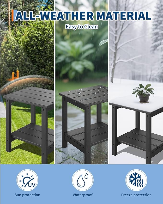 GarveeLife Adirondack Outdoor Side Table 18 x 15 in, HDPE 2-Tier Patio Side Tables for Outside, All-Weather End Table for Patio Pool Deck Indoor Backyard, Black-2Pcs