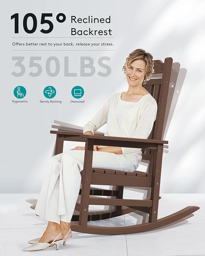 SERWALL Outdoor Rocking Chair Set of 6, Patio Rocking Chairs Set, HDPE Rocking Chair Outdoor for Adults, Heavy Duty Front Porch Rocker, Coffee
