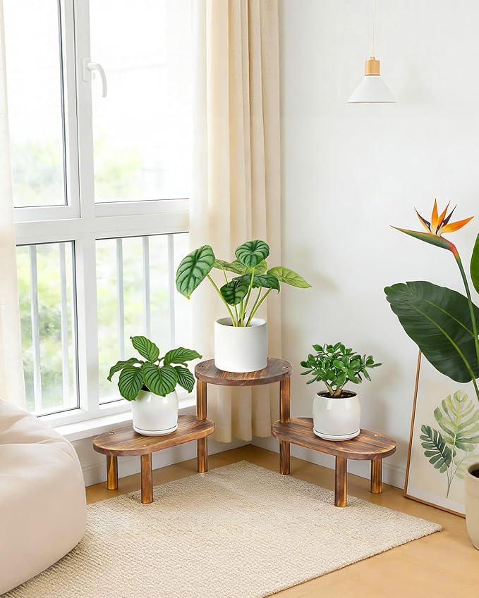 3 Tier Corner Plant Stand Indoor - Adjustable Wood Convex Flower Stand for Small Spaces, Heavy Duty Long Plant Shelf for Living Room Balcony Hallway