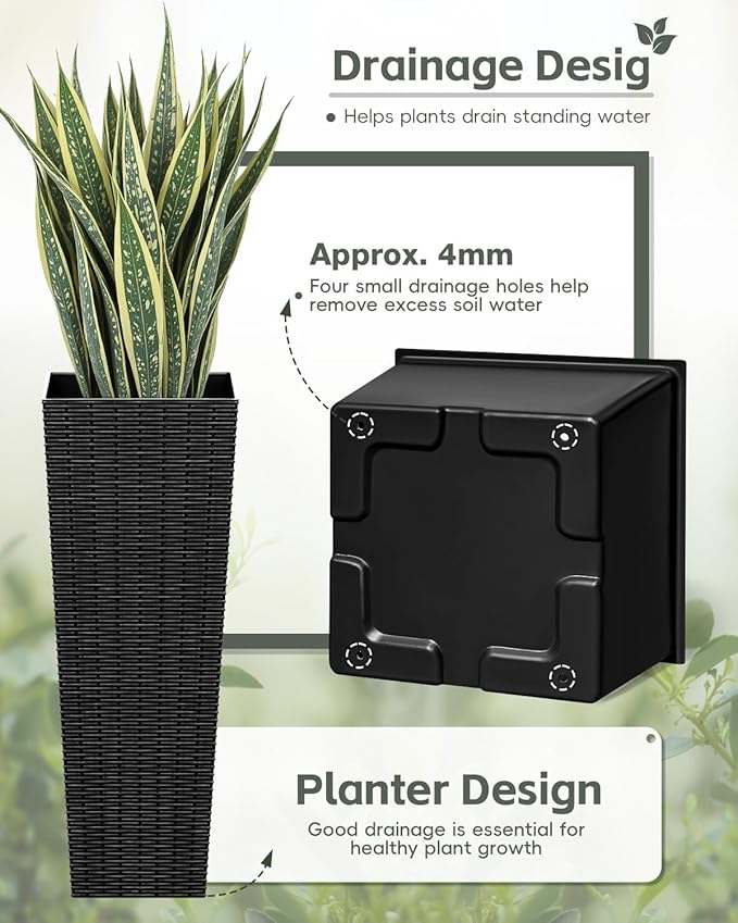 Greesum 32 Inch Tall Plastic Planters(Set of 2), Detachable Inner Pot & Drainage Holes, Outdoor Decorative Flower Pots for Large Plants, Trees, Patio, and Garden, Black