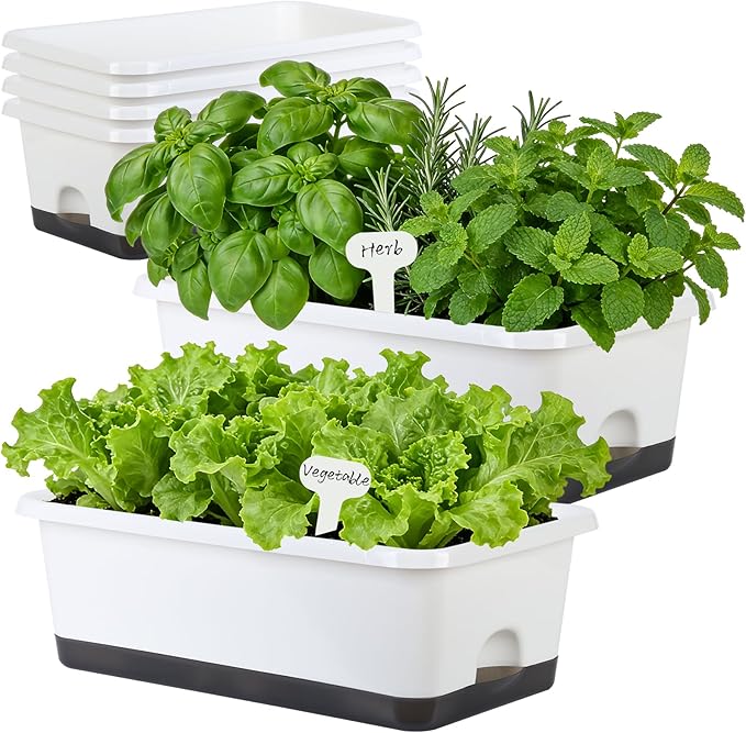 Window Box Planter 6 Pcs, 18 Inches Rectangle Flower Pots with Drainage Holes and Trays, Vegetable Planters for Windowsill Patio Garden Balcony Home Porch Yard Indoor Outdoor (White, 18*10*6 inch)
