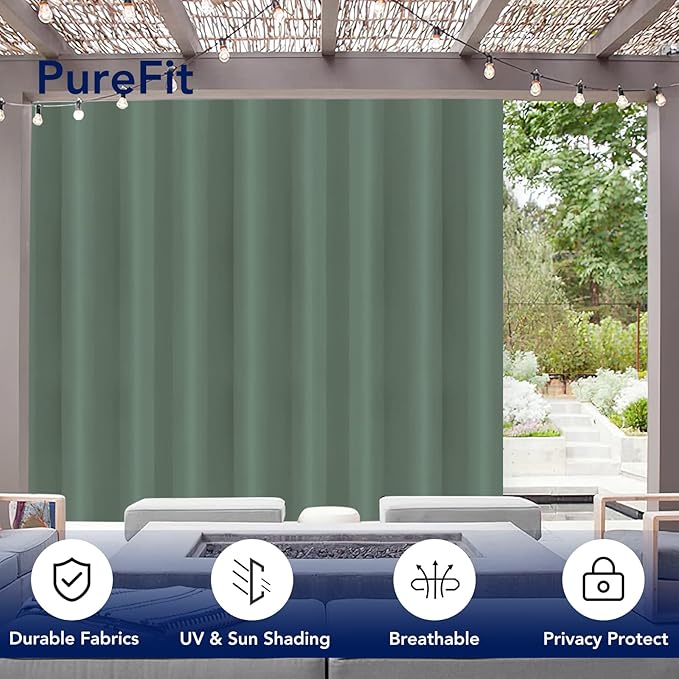 PureFit Outdoor Curtains for Patio Waterproof Weatherproof, UV Resistant Outside Curtains for Gazebo, Front Porch, Pergola, Sun Blocking Privacy Curtain, 120W x 95L inch, 1 Panel, Sage Green