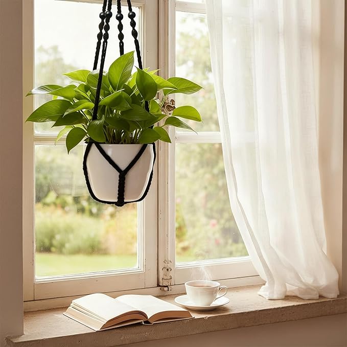 Macrame Plant Hanger, Up to 4-15 inch Pots, Wood Beads Cotton Hanging Planter Holder for Indoor Outdoor Boho Home Decor, 35 Inch, Set of 2 (Black)