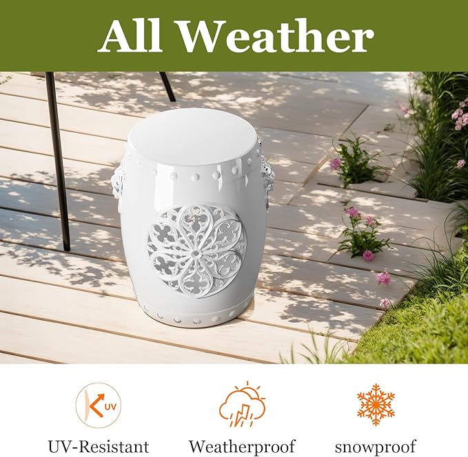 EFU Resin Garden Stool Indoor Outdoor,Decorative Antique Classic-Like Appearance, Waterproof UV Resistant Lightweight Sturdy,for Living Room, Garden Room, Patio(White)