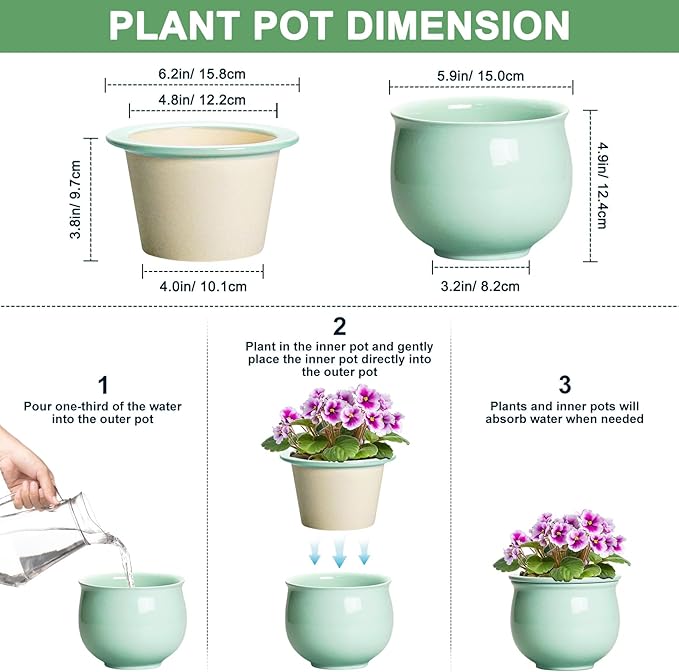 6 Inch African Violet Pots, Ceramic Self Watering Planter with Absorbent Inner Pot, Round Pots for Indoor Plants Outdoor, Ceramic Flower Pot, Office Decor, Plant Lover Gifts, Mint Green