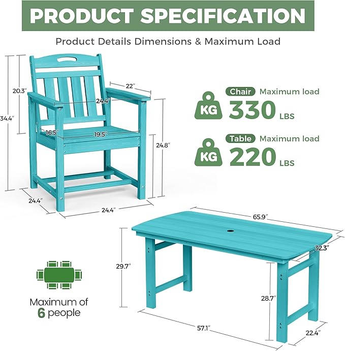HDPE Outdoor Dining Set, Patio Table and Chairs Set, All-Weather 7-Piece Outside Table and 6 Chairs, 2" Umbrella Hole, Outdoor Furniture for Garden, Poolside, Backyard, Deck | Lake Blue