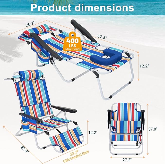 ABORON Tanning Chair with Face Hole, 5-Position Adjustable Reclining Beach Lounge Chair, Folding Face Down Sun Lounger for Beach, Poolside, Patio, Lawn, Home(Multicolor Stripes)