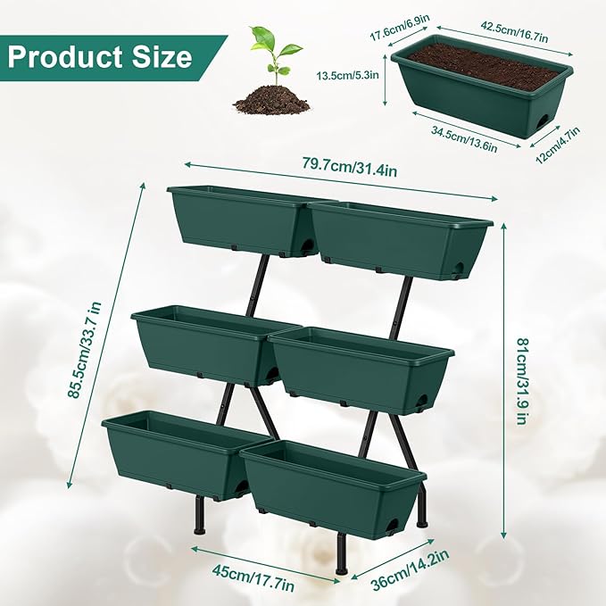 2 Column Vertical Raised Garden Beds, 6 Planter Boxes Standing Garden Bed Outdoor/Indoor Herb Garden Tiered Planter with Drainage Holes & Removable Trays for Flowers/Vegetables/Plants (Green)