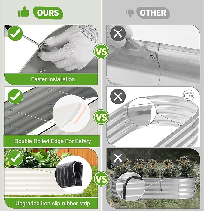 Galvanized Raised Garden Bed - 8x2x1.4FT Metal Planter Boxes Outdoor | Oval Steel Raised Bed Kit for Gardening with Protective Tape, Bracing Rods, Gloves for Vegetables, Flower, Herb (White)