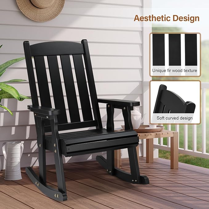 VINGLI Heavy Duty 600 LBS Outdoor Wooden Rocking Chair with Higher Backrest,Patio Rocking Chair with Ergonomic Design, Weatherproof Outdoor Rockers Suit for Patio, Garden, Balcony, Yard, Black