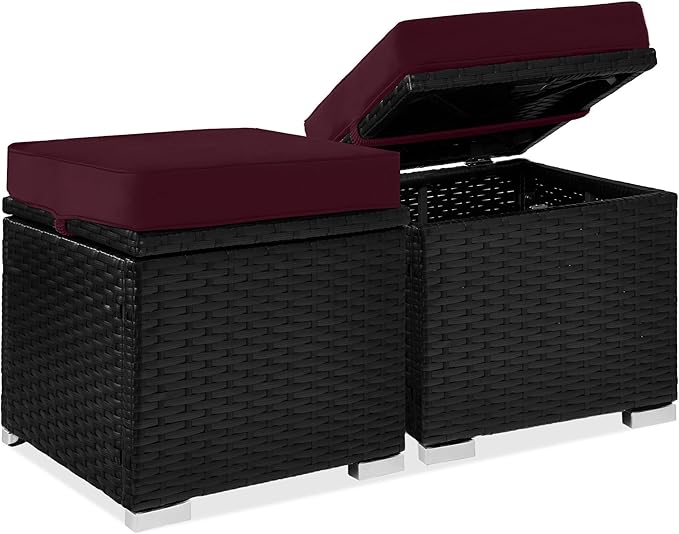 Best Choice Products Set of 2 Wicker Ottomans, Multipurpose Outdoor Furniture for Patio, Backyard, Additional Seating, Footrest, Side Table w/Storage, Removable Cushions - Deep Burgundy/Black