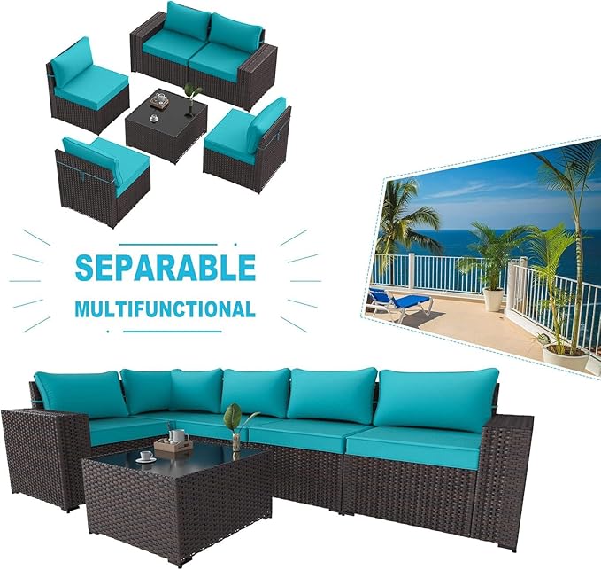 Kullavik 6PCS Outdoor Patio Furniture Set PE Wicker Rattan Sectional Sofa Patio Conversation Sets,Blue