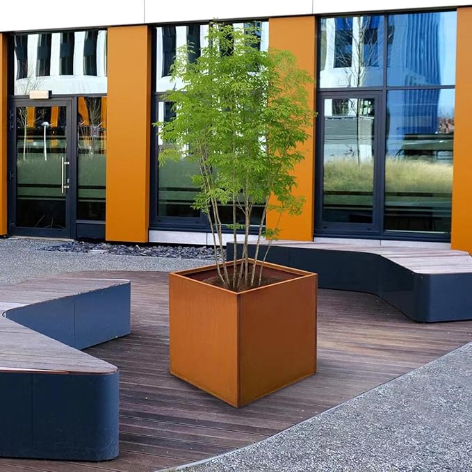 Corten Steel Planter Metal Square Planter 28 Inch Corten Planter Box Tall Cube Rustic Steel Planters for Outdoor Commercial Residential Garden Patio and Backyard