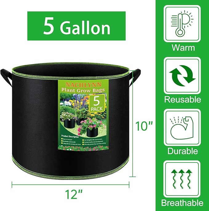 NACHLYNN 5-Pack 5 Gallon Grow Bags Heavy Duty Aeration Fabric Pots with Handles Thickened Nonwoven Fabric Pots Plant or Fruits Flowers Plant for Gardening