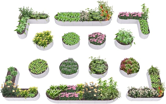 A ANLEOLIFE Set of 14, 18 Inch Tall Raised Garden Beds Kit, Heart-Shaped, Large Oval & Round Metal Planters – Ideal for Backyard Vegetables Flowers Herbs, Antique White