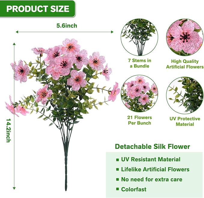 Artificial Flowers for Outdoor Indoor,Silk Flowers No Fade Fake Plastic Flowers Faux Plants for Outdoors Outside Front Porch Hanging Planter Window Box Garden Home Decoration,13 Bundles(Pink)