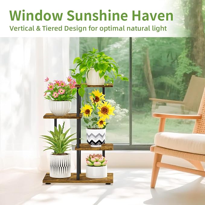 iDavosic.ly 3 Tier Plant Stand Indoor, Tiered Corner Metal Wood Multiple Flower Holder Shelf, 25 Inch Tall Orchid Display Rack for Patio Porch Living Room Balcony Outdoor, Modern Black & Rustic Brown