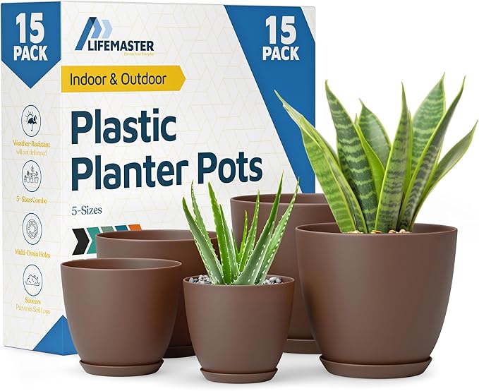 Brown Plant Pots with Drainage Holes & Saucers 15 Pack, Indoor & Outdoor Stackable Space-Saving Planters for Houseplants & Flowers, (7", 6.7", 6", 5.3", and 4.8" Inches), Durable & Weatherproof