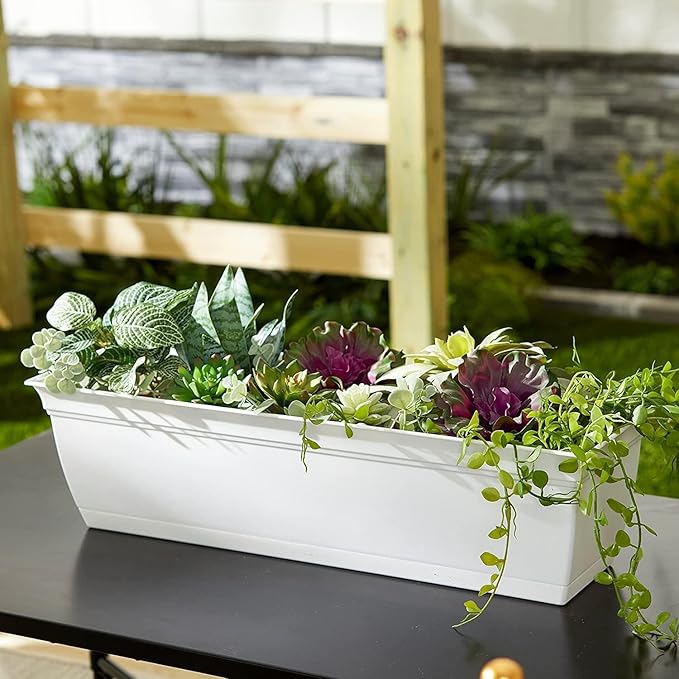 The HC Companies 24 Inch Eclipse Window Planter Box with Drainage Holes & Attached Saucer, Lightweight UV-Resistant Plastic Indoor & Outdoor Planters, 2-Pack Flower Box for Garden & Home Decor, White