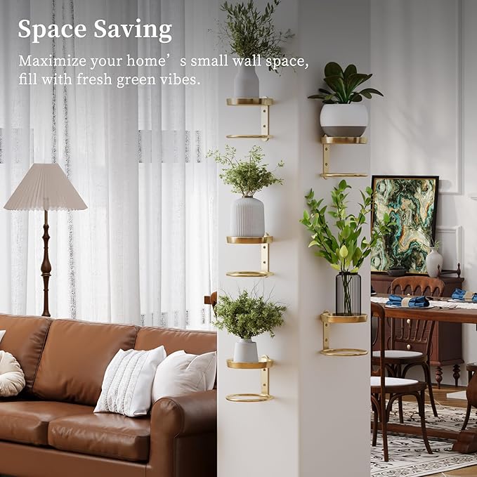 Metal Wall Planters Mid Century Modern Floating Shelves for Indoor Hanging Plants, Space-Saving Vertical Garden for Home & Office 3 Pack Gold