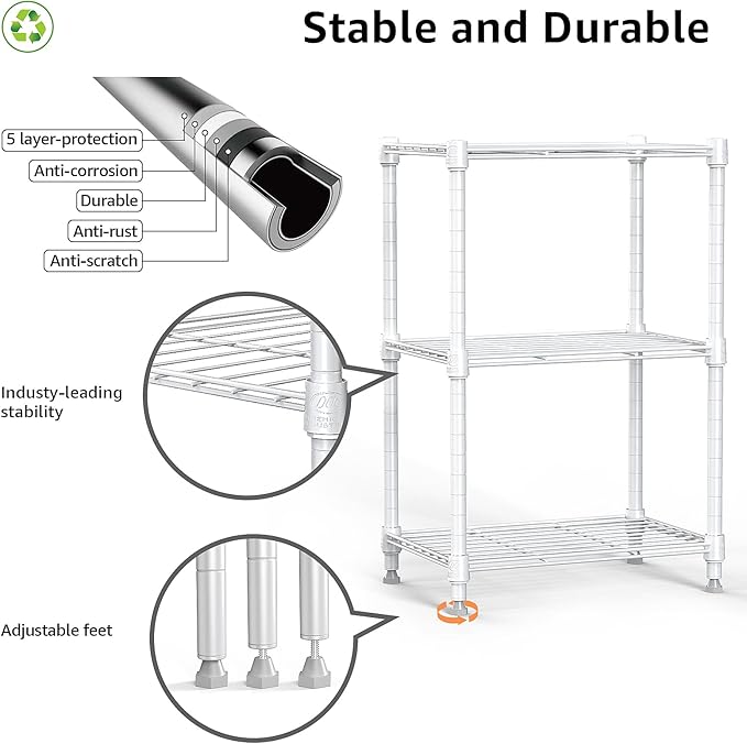 450 lbs Wire Storage Shelving 3-Tier Utility Shelving Unit Steel Organizer Wire Rack for Home,Kitchen,Office,White (11.8" D x 17.7" W x 26.4" H)
