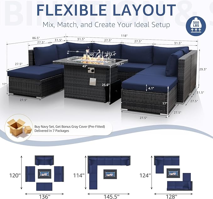 NICESOUL 9 Piece Oversized Outdoor Patio Furniture Set, 29.3'' High Back Comfy Sectional Sofa Set with Firepit Natural Gas & Propane, Deep Seating Conversation Couches, 2 Color Cushion Navy & Gray