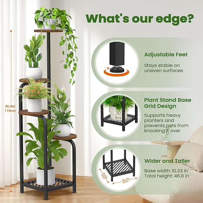 TOSKING 5 Tier Metal Plant Stand Indoor 48''H Tall ,Heavy Duty Plant Shelf , Corner Shelf Flower Pot Stand for Outdoor Plant Stand for Living Room Balcony Garden Patio Bedroom (5 Tier-Brown)